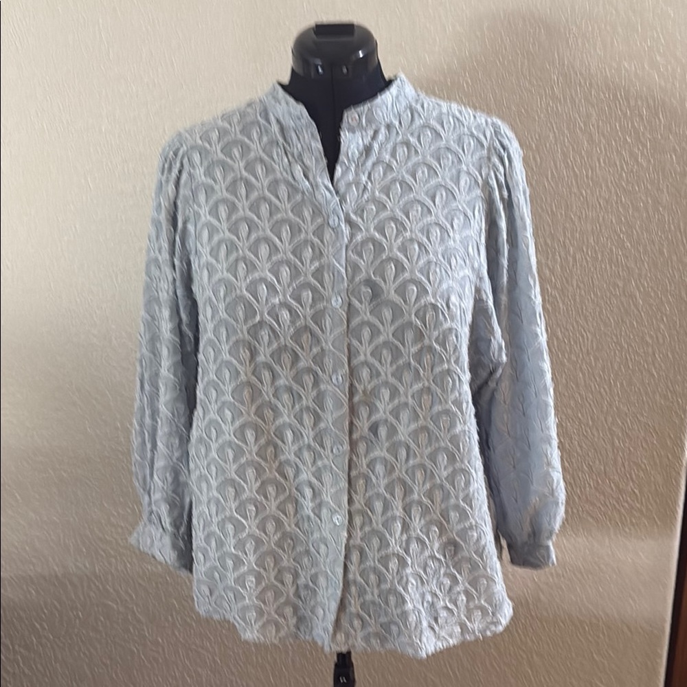 Pilcro Blue Boxy Blouse with 3/4 Sleeves and Mandarin Collar